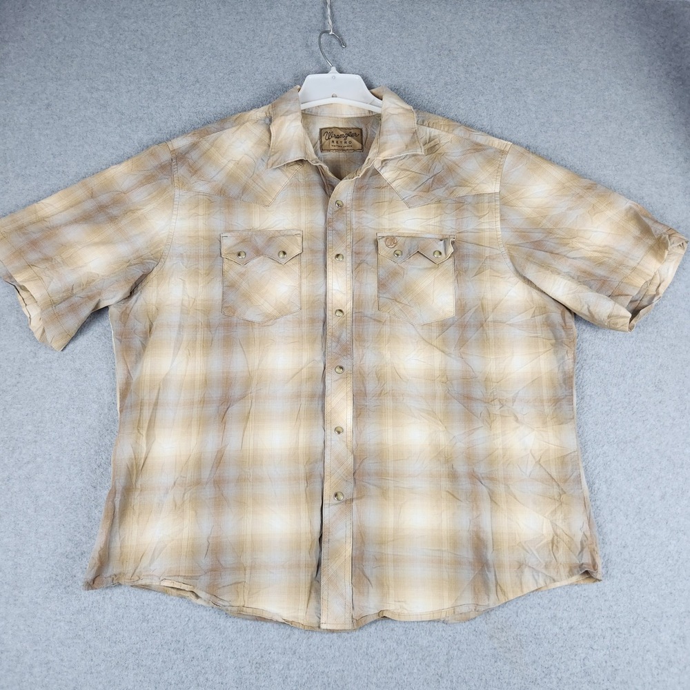 Wrangler Retro Shirt Men XXL Tan Plaid Western Short Sleeve Ranchwear Pearl Snap